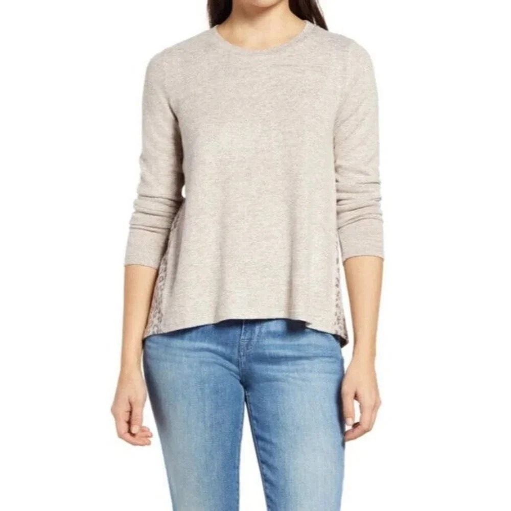 Bobeau Women's Marled‎ Front Patterned Back Top In Oatmeal Leopard SZ S NWT